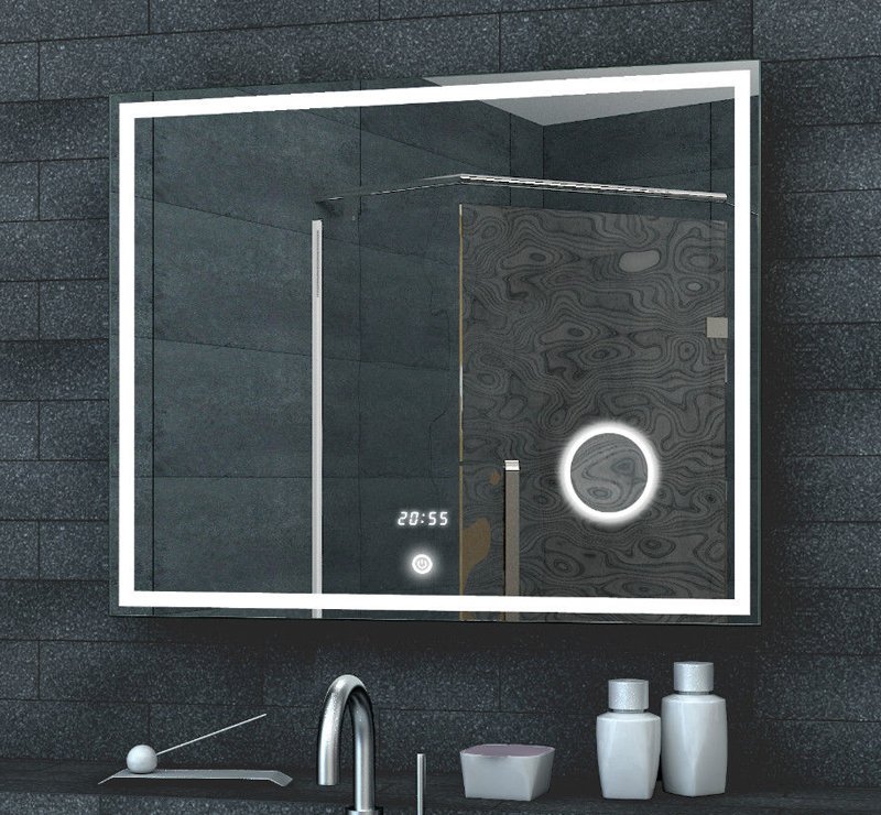 Badkamerspiegel met LED verlichting, klok, touch schakelaar en make-up spiegel cm - Designspiegels