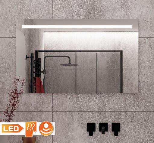 Badkamer spiegel met verlichting verwarming en dim functie op grijze tegel