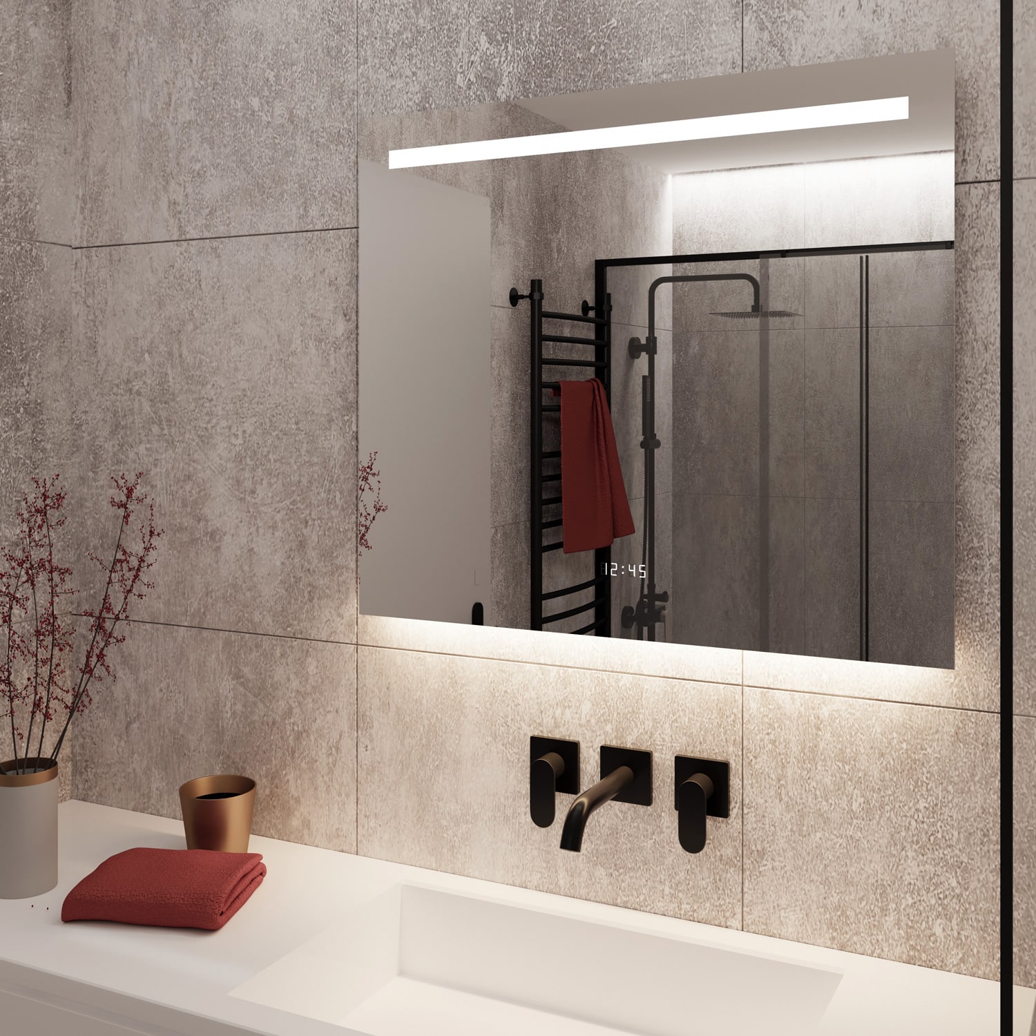 Badkamer spiegel met led verlichting en ingebouwde klok grijze tegel