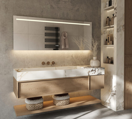 Deze design badkamerspiegel met klok is 160 cm breed, 70 cm hoog en slechts 3 cm diep