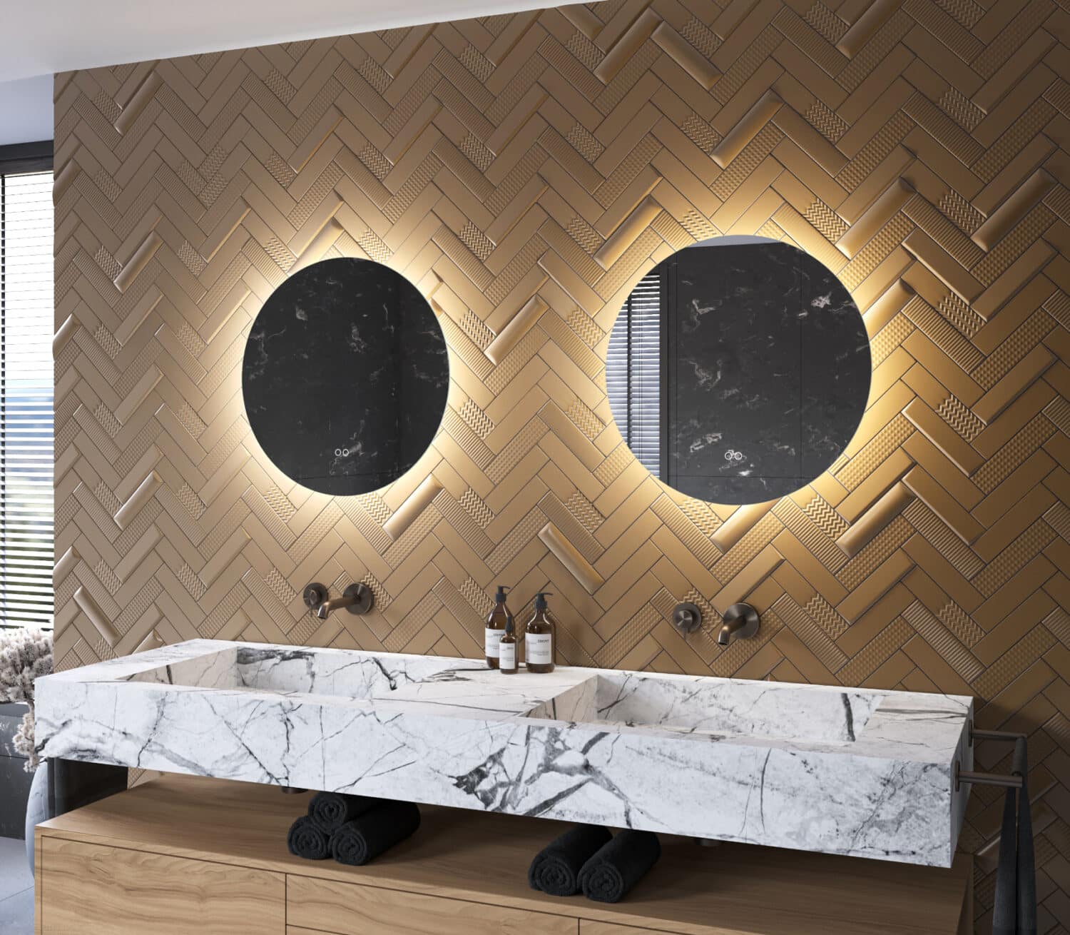 De indirecte verlichting schijnt sfeervol vanachter de spiegel over de wand. De directe verlichting zorgt voor praktisch licht in het gezicht