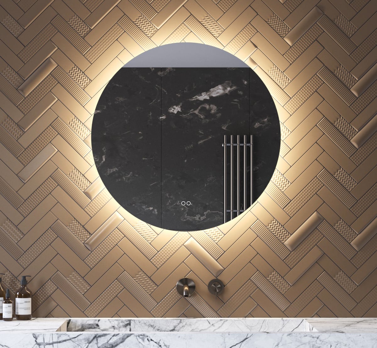 Deze 80 cm ronde badkamer spiegel is van alle gemakken voorzien, zoals: ambient verlichting, spiegelverwarming, dimfunctie en instelbare lichtkleur