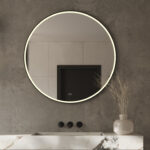Stijlvolle 100 cm ronde spiegel, uitgevoerd met een mat zwarte frame, verlichting, spiegelverwarming en een dubbele touch schakelaar