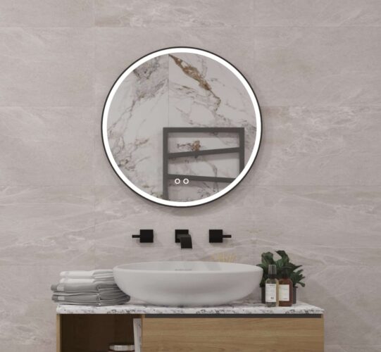 Stijlvolle 60 cm ronde spiegel met verlichting, verwarming en mat zwart frame