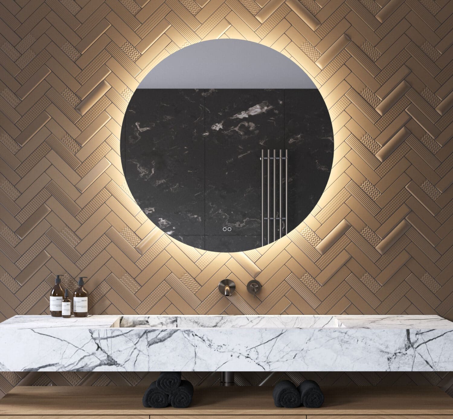 Deze 100 cm ronde badkamer spiegel is van alle gemakken voorzien, zoals: ambient verlichting, spiegelverwarming, dimfunctie en instelbare lichtkleur