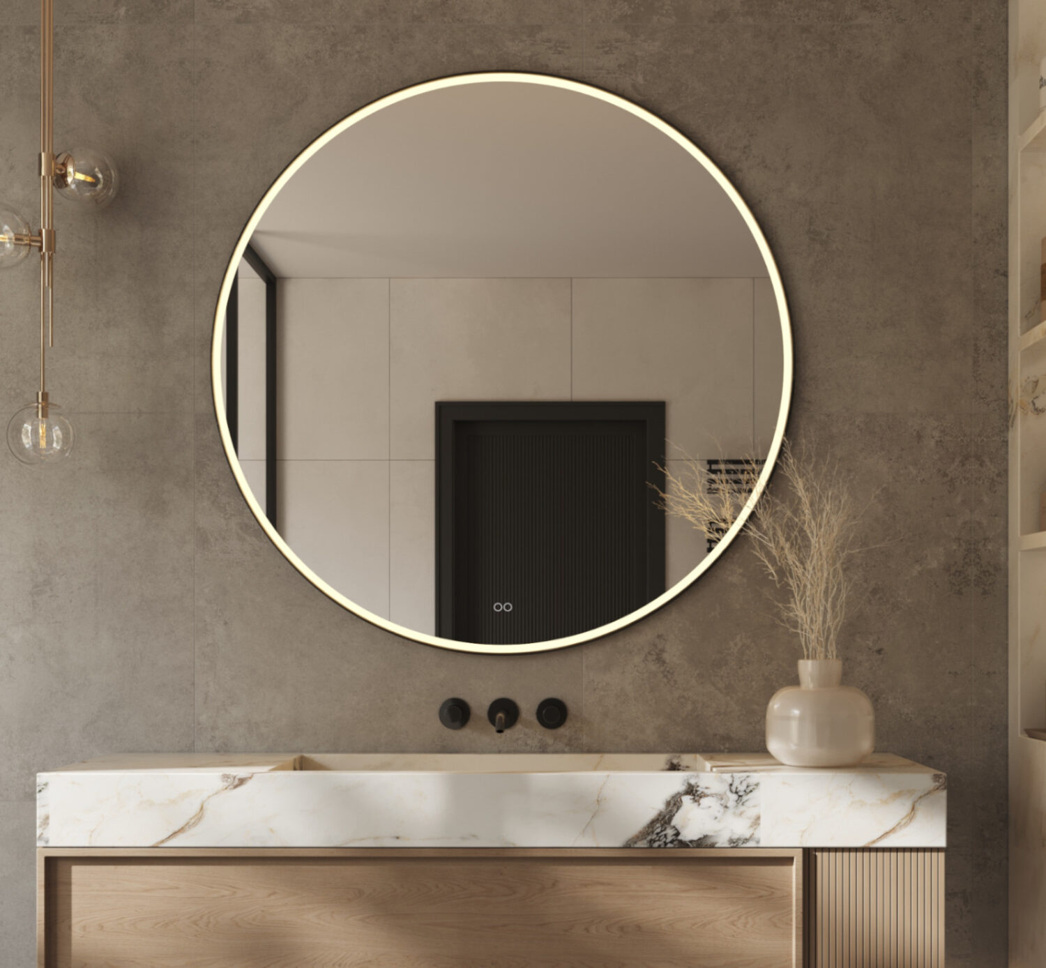 Stijlvolle 120 cm ronde spiegel, uitgevoerd met een mat zwarte frame, verlichting, spiegelverwarming en een dubbele touch schakelaar