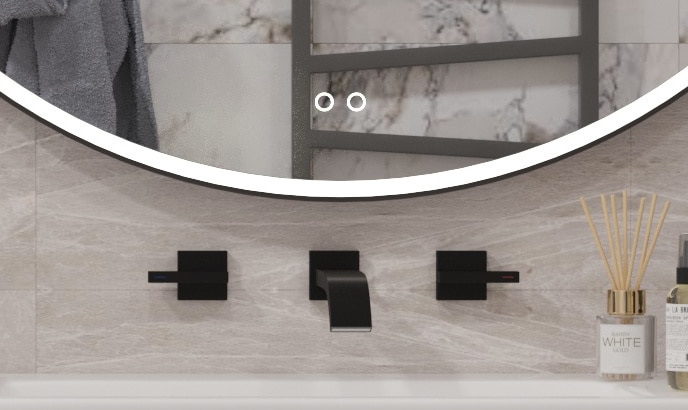 Uitgevoerd met een dubbele touch schakelaar in het spiegelglas; linker touch knop voor het gelijktijdig in- en uitschakelen van de verlichting en de verwarming, inclusief geïntegreerde dimfunctie voor de verlichting, rechter touch knop om traploos de gewenste kleur van de verlichting in te stellen
