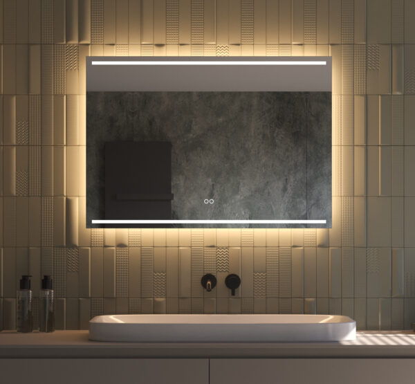 Deze stijlvolle 100 cm brede spiegel voor in de badkamer is van alle gemakken voorzien, zoals: geïntegreerde verlichting en verwarming, dimfunctie, instelbare lichtkleur en dubbele touch bediening
