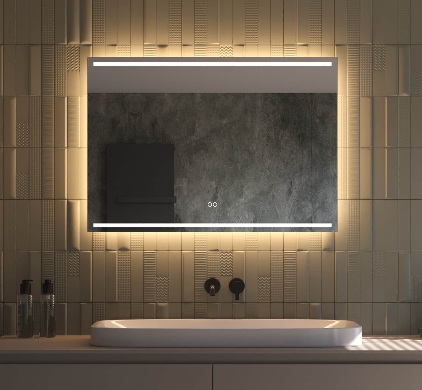 Ce miroir élégant de 100 cm de large pour salle de bain est entièrement équipé, y compris : éclairage et chauffage intégrés, fonction de gradation, couleur de lumière réglable et double commande tactile.