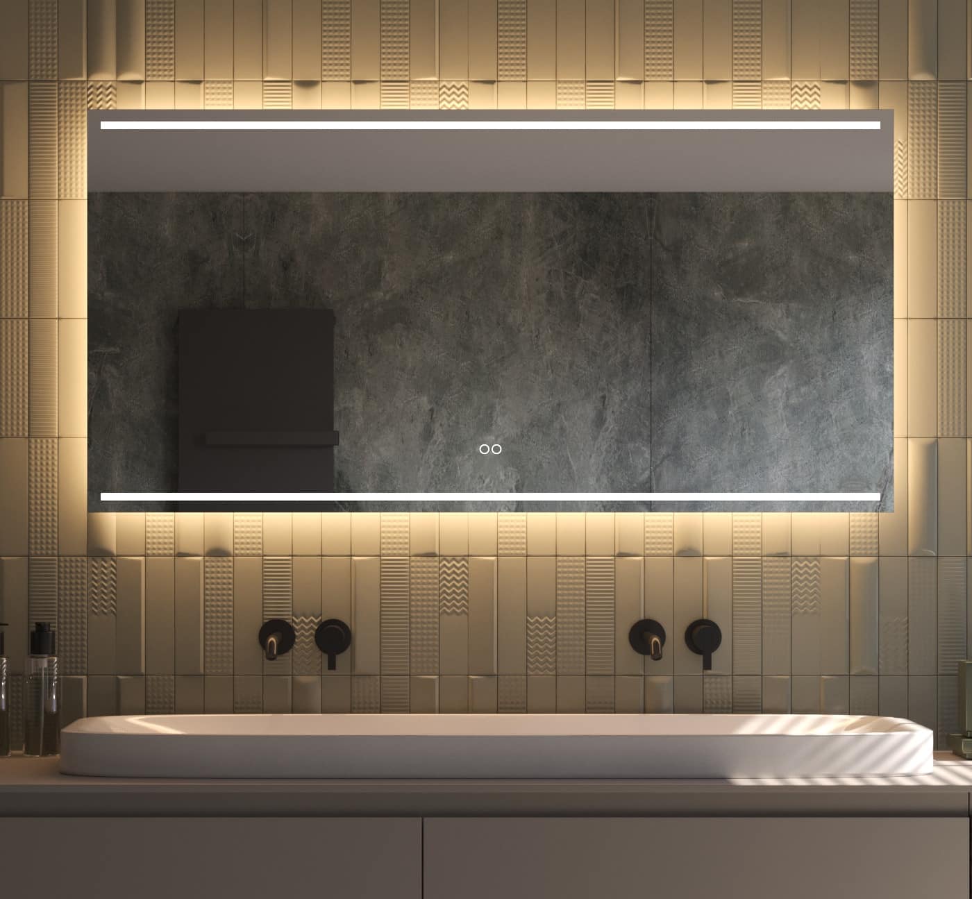 Ce miroir élégant pour salle de bain est entièrement équipé, avec par exemple : éclairage et chauffage intégrés, fonction de gradation, couleur de lumière réglable et double commande tactile