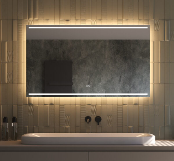 Deze stijlvolle 120 cm brede spiegel voor in de badkamer is van alle gemakken voorzien, zoals: geïntegreerde verlichting en verwarming, dimfunctie, instelbare lichtkleur en dubbele touch bediening