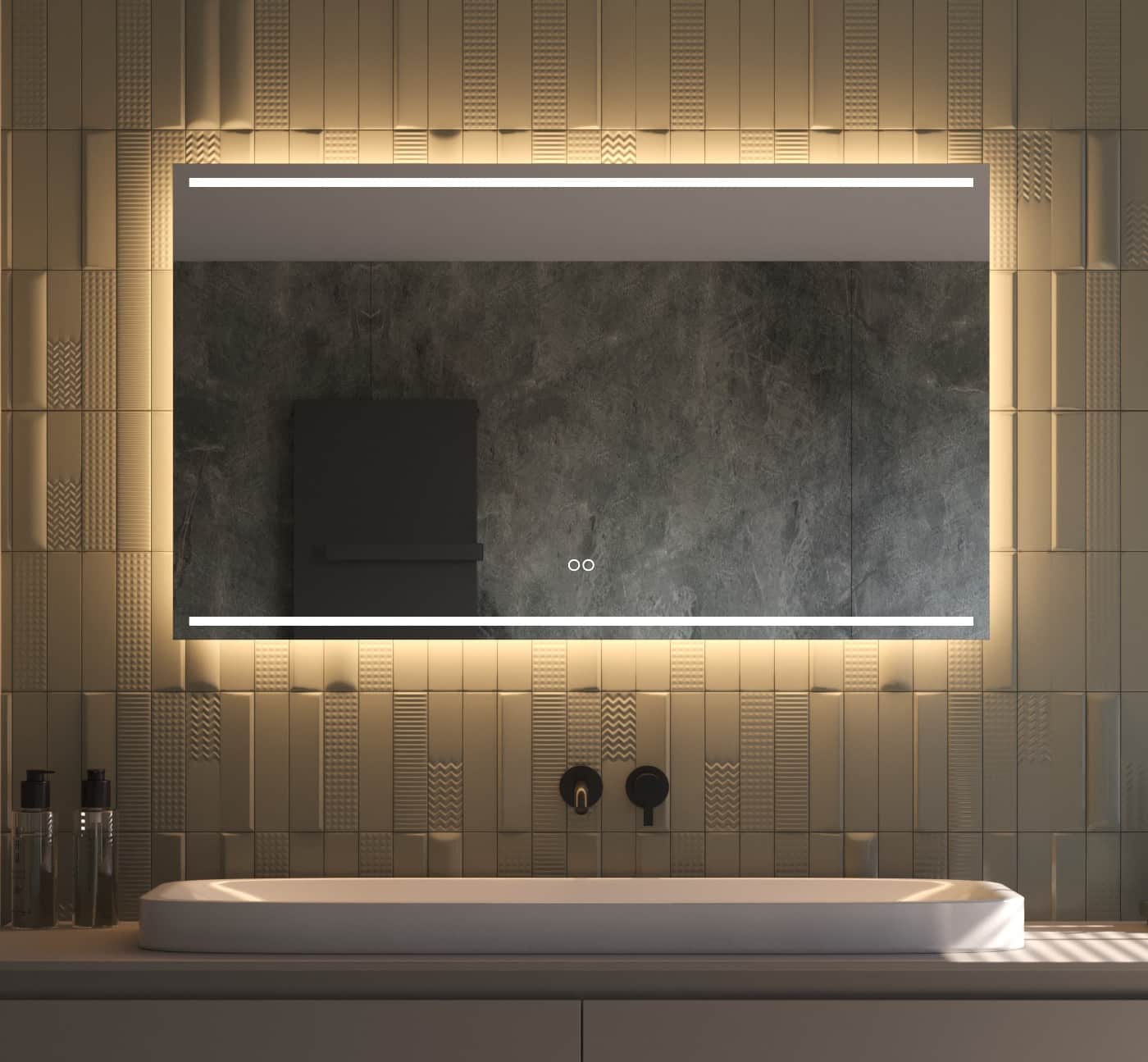 Ce miroir élégant de 120 cm de large pour salle de bain est entièrement équipé, notamment : éclairage et chauffage intégrés, fonction de gradation, couleur de lumière réglable et double commande tactile.