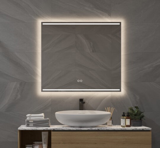 Deze design badkamer spiegel is voorzien van verlichting, grote spiegelverwarming en een dubbele touch schakelaar met dimfunctie en instelbare lichtkleur, kortom van alle gemakken voorzien