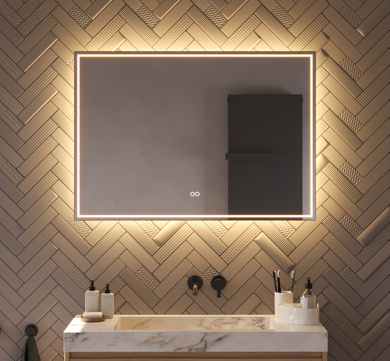 Deze populaire, 100 cm brede badkamer spiegel is van alle gemakken voorzien, zoals: verlichting, spiegelverwarming, dimfunctie en een instelbare lichtkleur