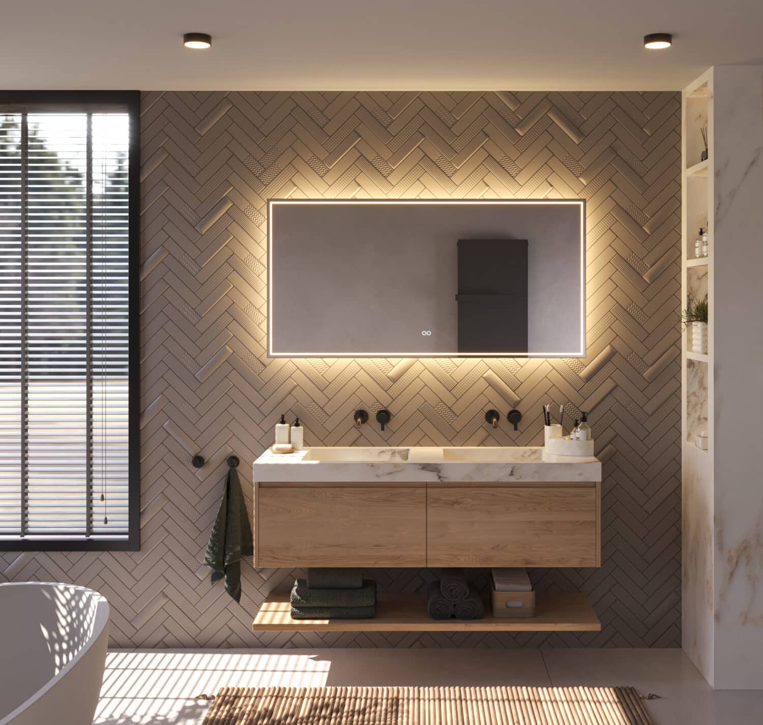 Deze fraaie badkamer spiegel met directe en indirecte verlichting is 140 cm breed, 70 cm hoog en slechts 3 cm diep