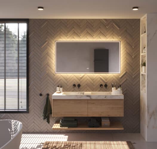 Deze fraaie badkamer spiegel met directe en indirecte verlichting is 140 cm breed, 70 cm hoog en slechts 3 cm diep