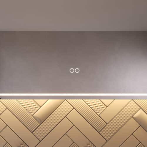 Uitgevoerd met een dubbele touch schakelaar in het spiegelglas; linker touch knop voor het gelijktijdig in- en uitschakelen van de verlichting en de verwarming, inclusief geïntegreerde dimfunctie voor de verlichting, rechter touch knop om traploos de gewenste kleur van de verlichting in te stellen