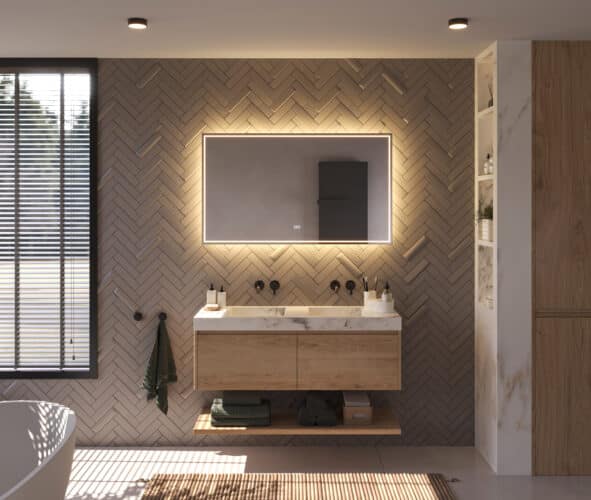 Deze populaire badkamer spiegel met directe en indirecte verlichting is 120 cm breed, 70 cm hoog en slechts 3 cm diep
