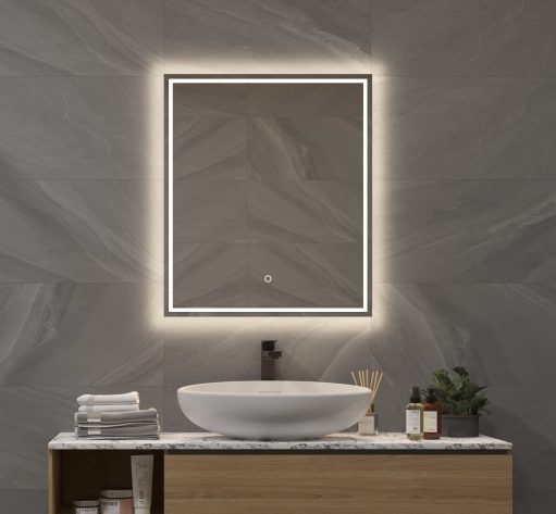 Smalle, verwarmde badkamerspiegel met verlichting en touch schakelaar met dimfunctie 60x70 cm
