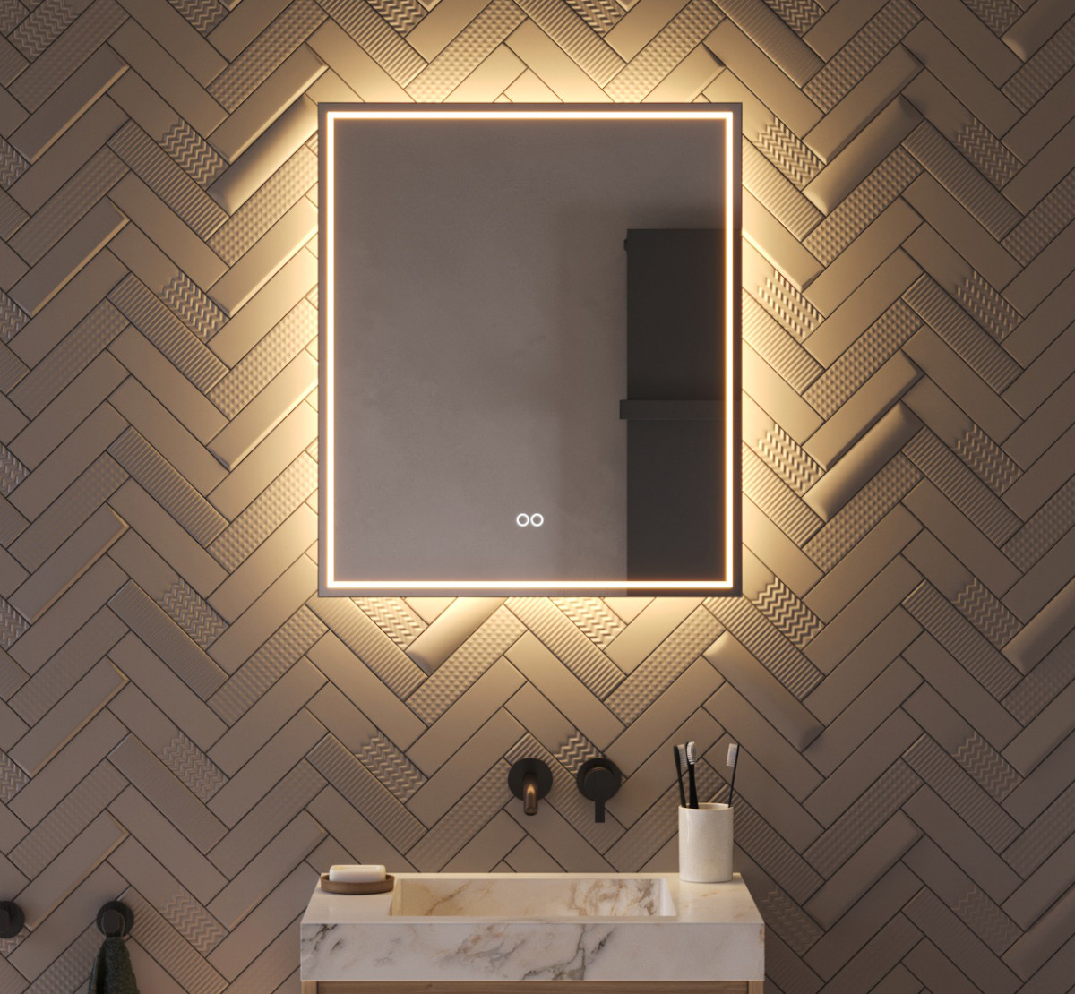 Deze trendy, rechthoekige badkamer spiegel is van alle gemakken voorzien, zoals: verlichting, spiegelverwarming, dimfunctie en een instelbare lichtkleur