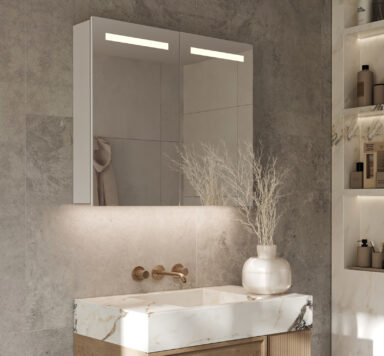 Armoire de salle de bain de luxe, équipée d'éclairage, de dégivrage du miroir, de 2 prises de terre et d'un miroir de maquillage intégré
