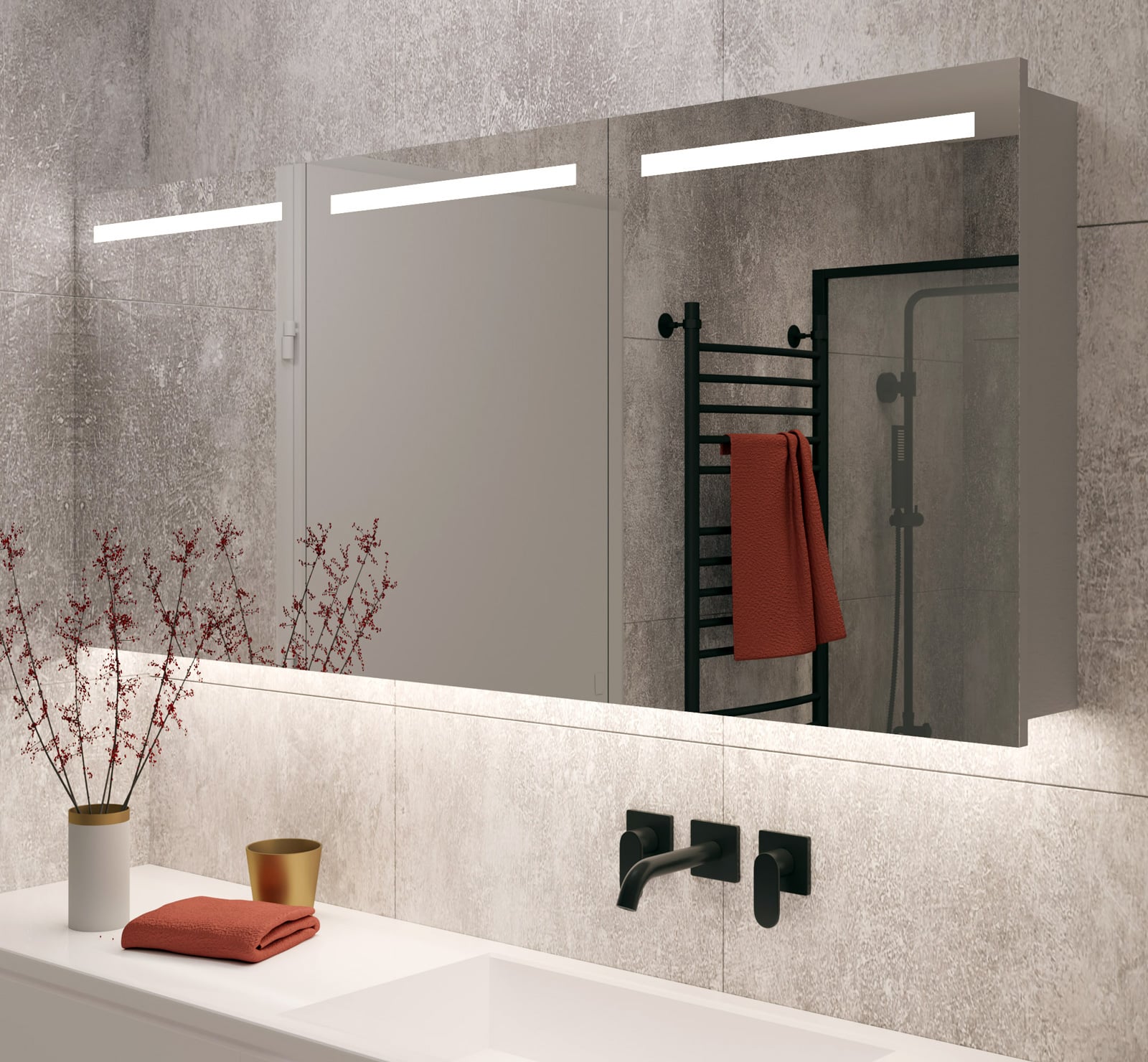 Monumentaal kort gevechten Aluminium badkamer spiegelkast met LED verlichting, verwarming, sensor en  stopcontact 160 x 70 cm - Designspiegels
