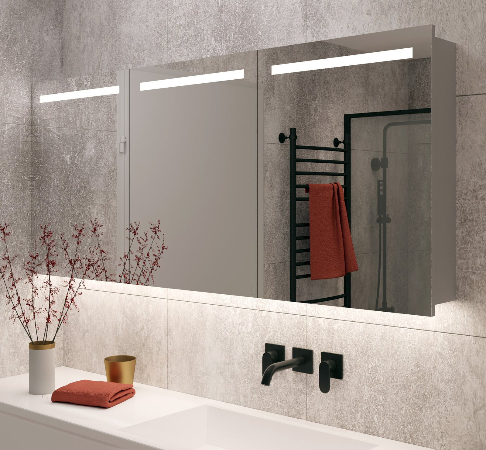 Monumentaal kort gevechten Aluminium badkamer spiegelkast met LED verlichting, verwarming, sensor en stopcontact 160 x 70 cm - Designspiegels Monumentaal kort gevechten Aluminium badkamer spiegelkast met LED verlichting, verwarming, sensor en stopcontact 160 x 70 cm - Designspiegels