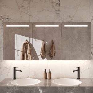160 cm brede design spiegelkast voor in de badkamer, uitgevoerd met geïntegreerde verwarming en verlichting in de deuren en aan de onderzijde van de spiegelkast