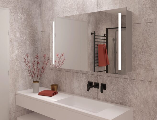Fraaie 120 cm brede aluminium badkamer spiegelkast met spiegelverwarming