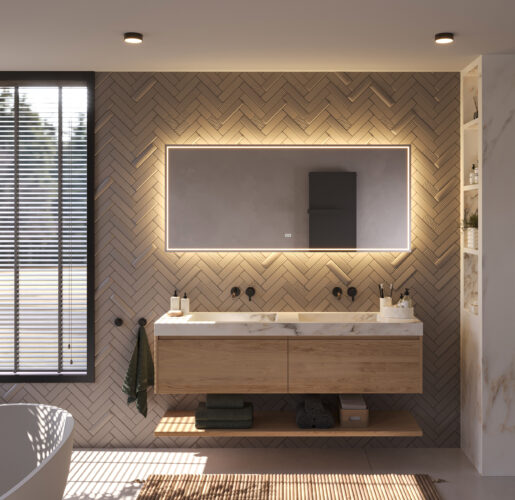 Deze populaire badkamer spiegel met directe en indirecte verlichting is 160 cm breed, 70 cm hoog en slechts 3 cm diep