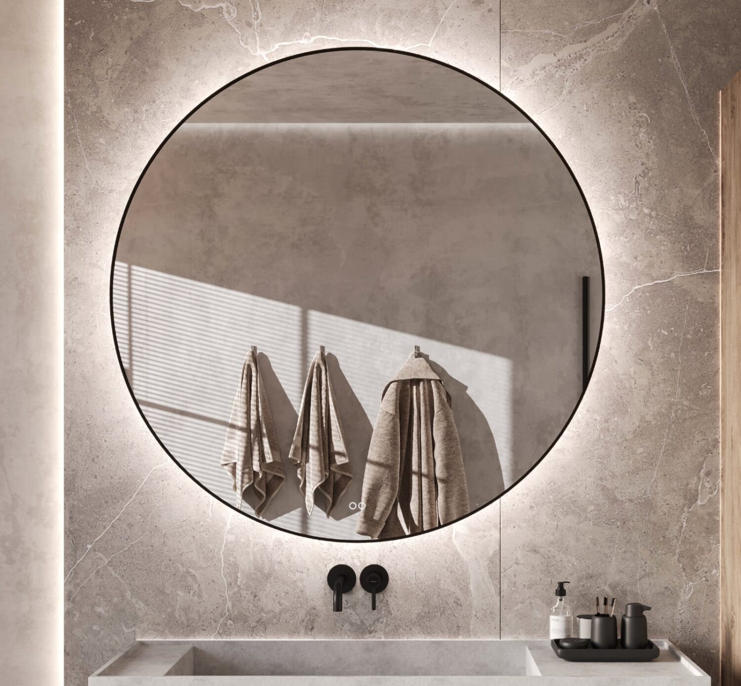 Deze trendy ronde badkamerspiegel is uitgevoerd met een fraai mat zwart frame