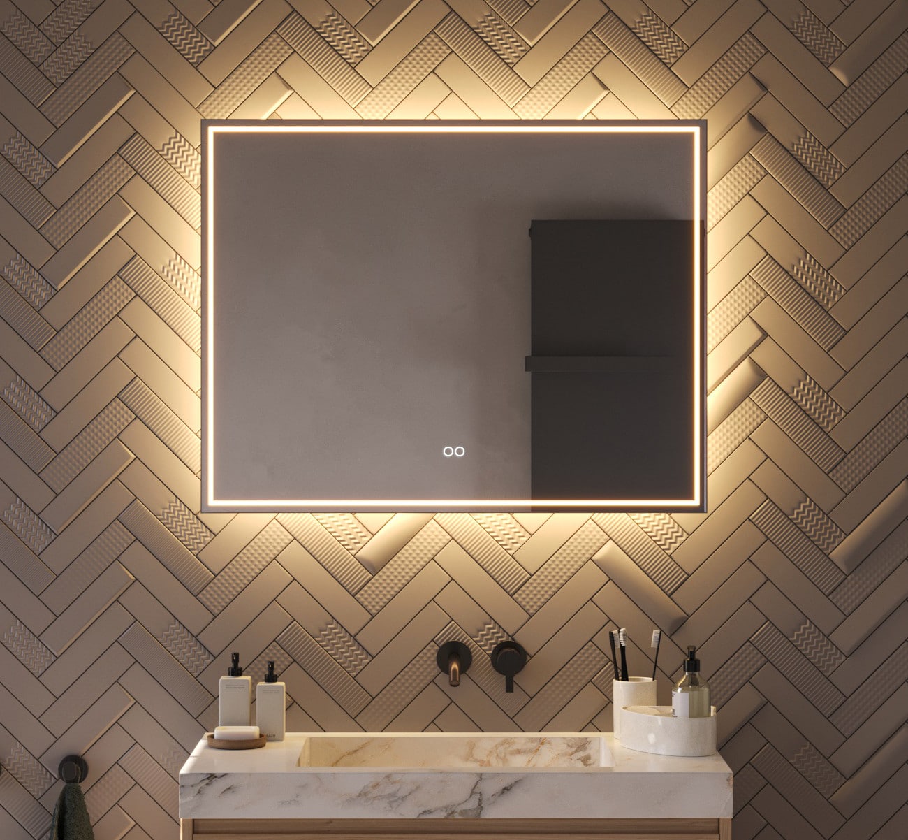 Deze populaire, rechthoekige badkamer spiegel is van alle gemakken voorzien, zoals: verlichting, spiegelverwarming, dimfunctie en een instelbare lichtkleur