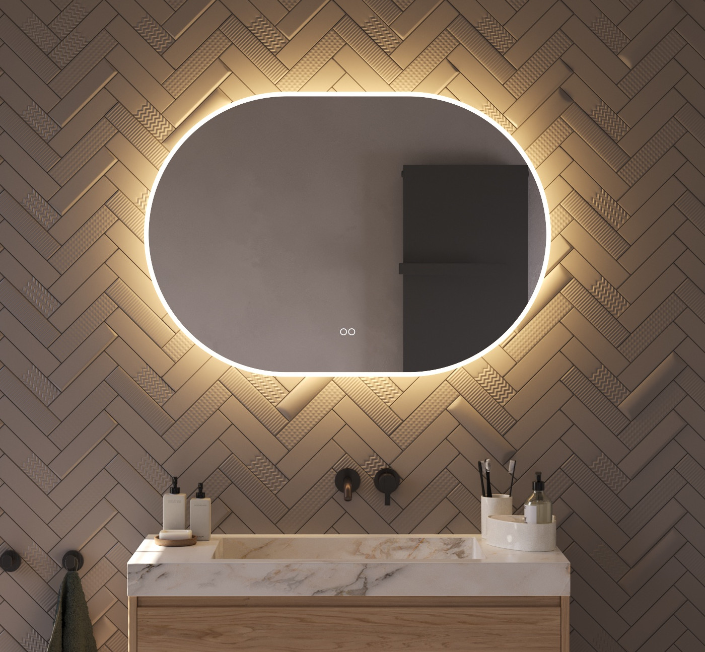 Ce miroir ovale tendance de 100 cm de large pour salle de bain est entièrement équipé, avec par exemple : éclairage et chauffage intégrés, fonction gradateur, couleur de lumière réglable et double commande tactile.