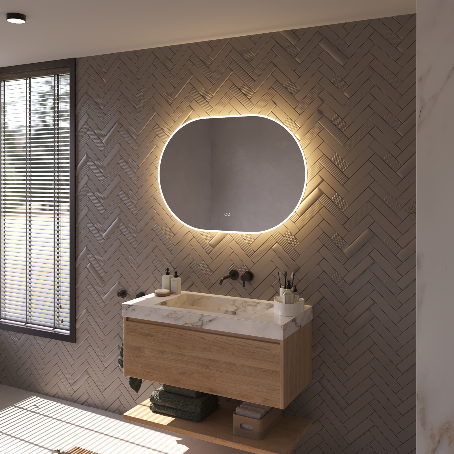 Le miroir est livré entièrement prêt à être raccordé et se fixe facilement au mur à l'aide des instructions et du matériel d'accrochage fournis.