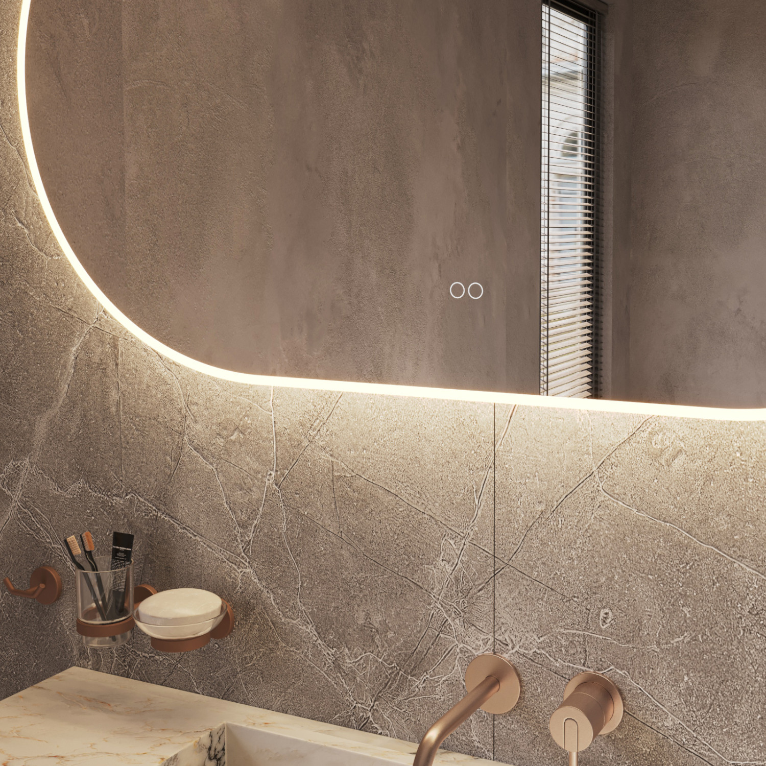 Uitgevoerd met een dubbele touch schakelaar in het spiegelglas; linker touch knop voor het gelijktijdig in- en uitschakelen van de verlichting en de verwarming, inclusief geïntegreerde dimfunctie voor de verlichting, rechter touch knop om traploos de gewenste kleur van de verlichting in te stellen