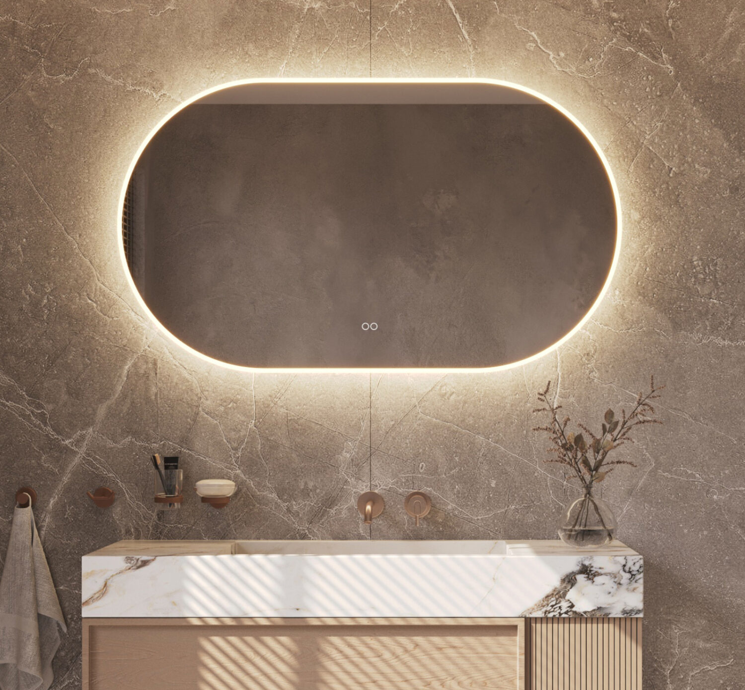 Deze ovale design spiegel van 120x70 cm is van alle gemakken voorzien, zoals: geïntegreerde directe + indirecte verlichting, spiegelverwarming, instelbare lichtkleur en een dimfunctie