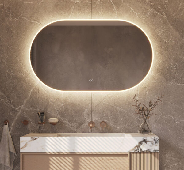 Deze ovale design spiegel van 120x70 cm is van alle gemakken voorzien, zoals: geïntegreerde directe + indirecte verlichting, spiegelverwarming, instelbare lichtkleur en een dimfunctie