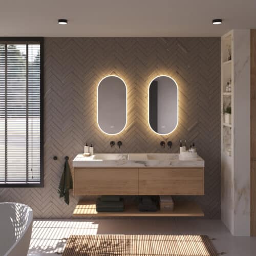 Disposez-vous d'un large meuble de salle de bain avec 2 robinets ou de 2 meubles de salle de bain séparés ? Pensez alors à 2 miroirs côte à côte. Voir le lien dans la description pour le miroir de gauche.