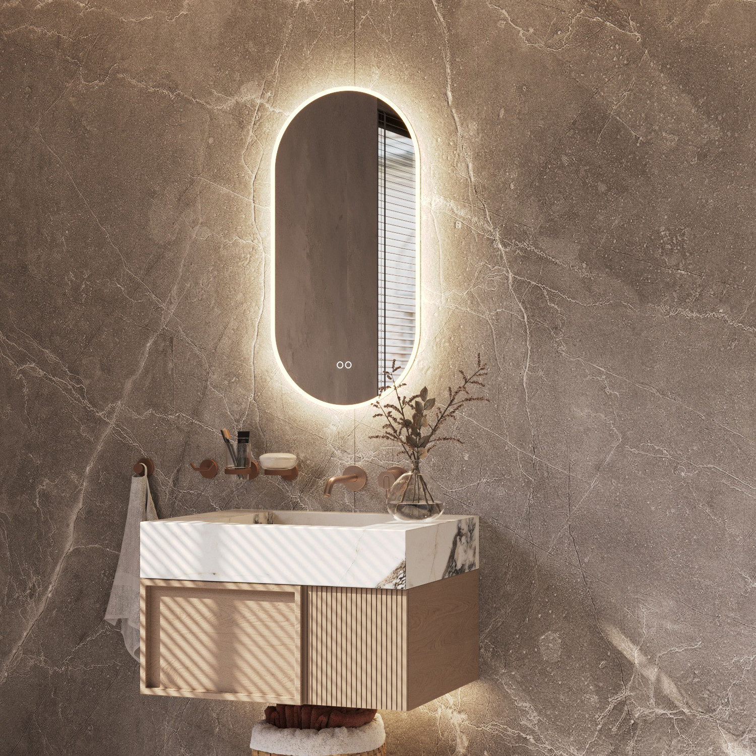 Deze ovale design spiegel van 40 cm breed en 100 cm hoog is van alle gemakken voorzien, zoals: geïntegreerde directe + indirecte verlichting, spiegelverwarming, instelbare lichtkleur en een dimfunctie