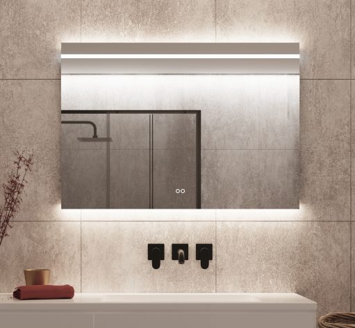 Designer badkamer spiegel met instelbare lichtkleur, handig!