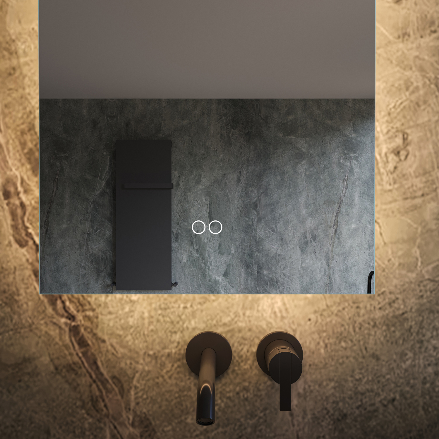 Uitgevoerd met een dubbele touch schakelaar in het spiegelglas; linker touch knop voor het gelijktijdig in- en uitschakelen van de verlichting en de verwarming, inclusief geïntegreerde dimfunctie voor de verlichting, rechter touch knop om traploos de gewenste kleur van de verlichting in te stellen