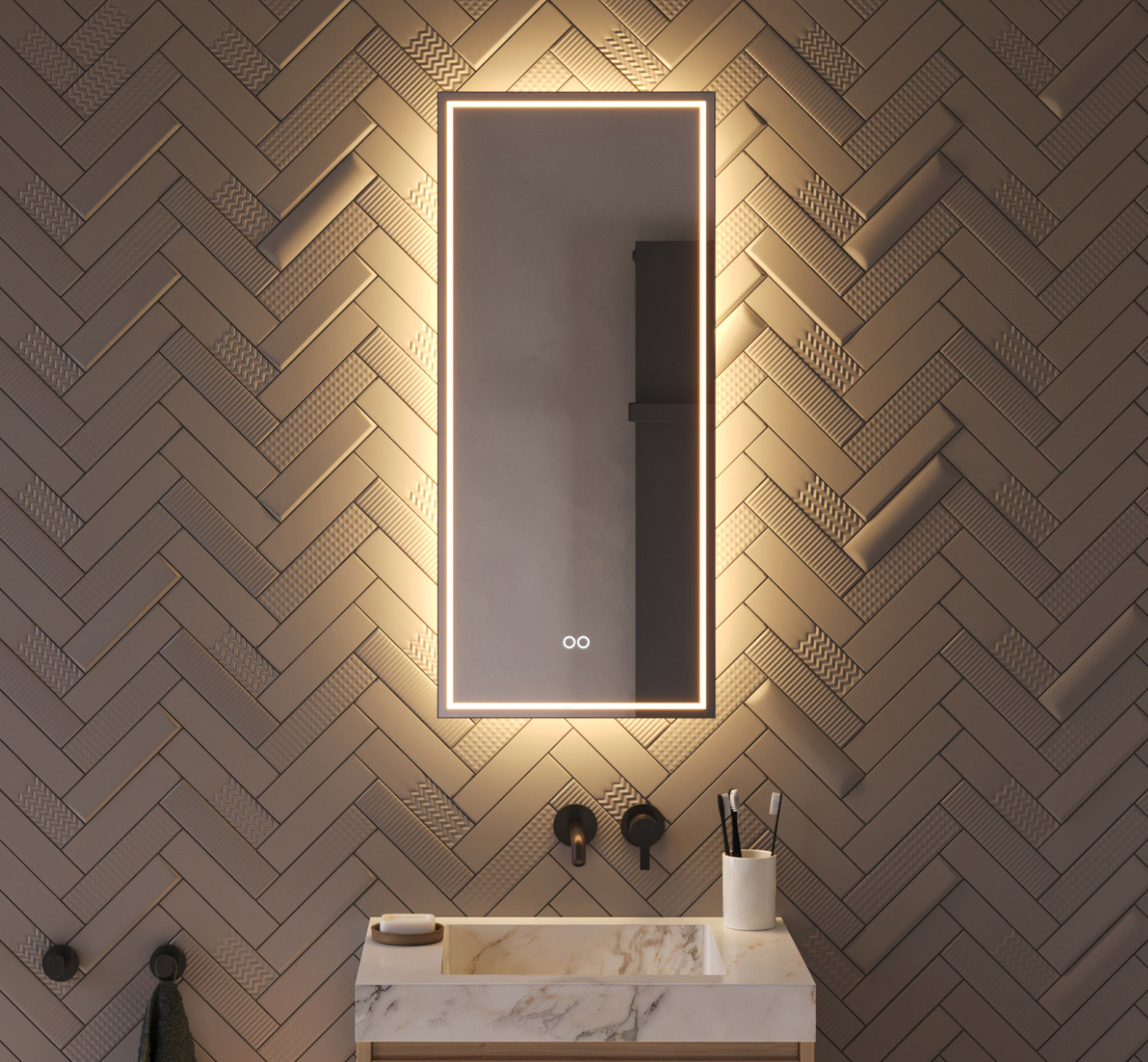 Stijlvolle smalle badkamer spiegel met verlichting en spiegelverwarming