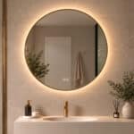 Miroir salle de bain élégant avec cadre en laiton, éclairage intégré et système antibuée