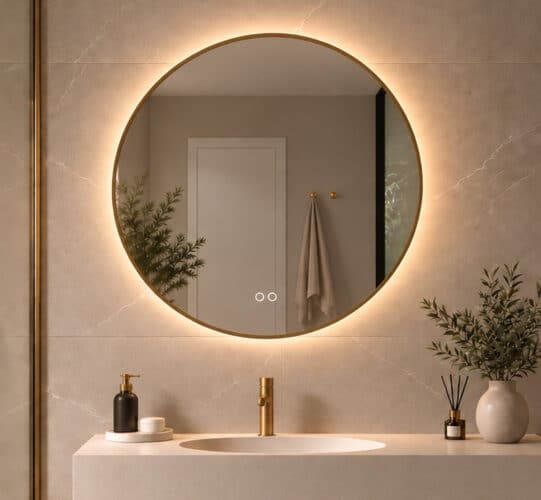 Miroir salle de bain élégant avec cadre en laiton, éclairage intégré et système antibuée