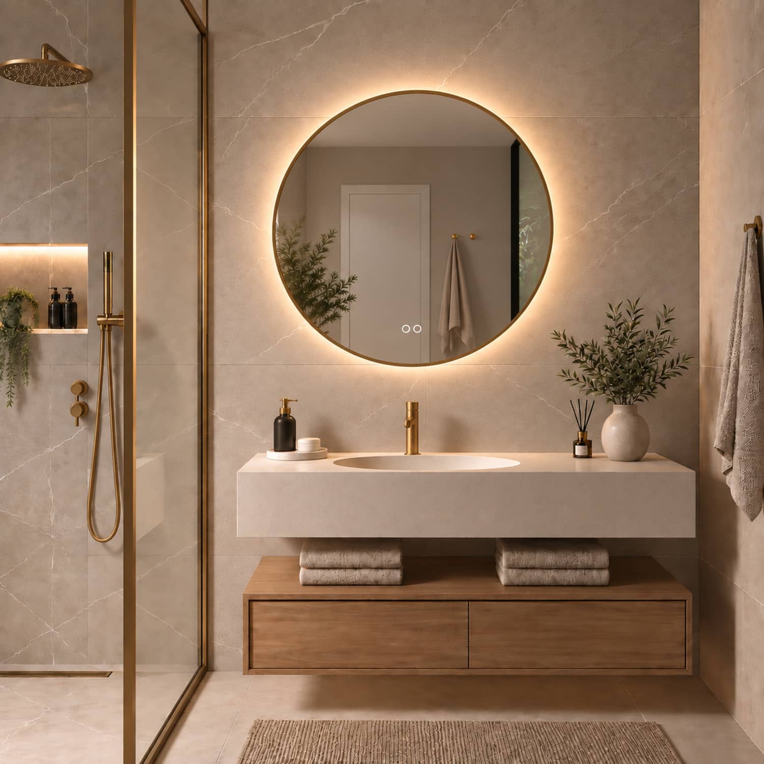 Le chauffage des miroirs intégré s'active automatiquement avec l'éclairage et évite que le miroir ne se condense après, par exemple, une douche, pratique !