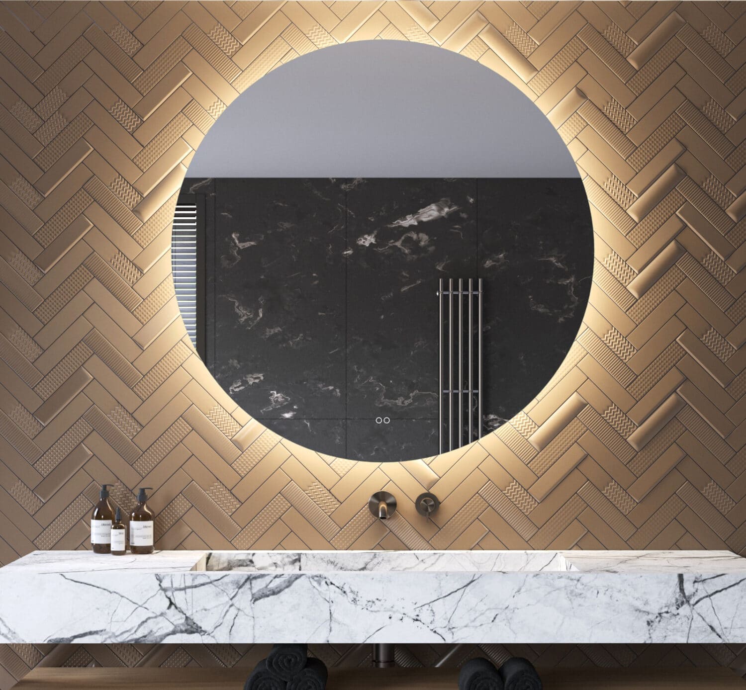 Deze 120 cm ronde badkamer spiegel is van alle gemakken voorzien, zoals: ambient verlichting, spiegelverwarming, dimfunctie en instelbare lichtkleur