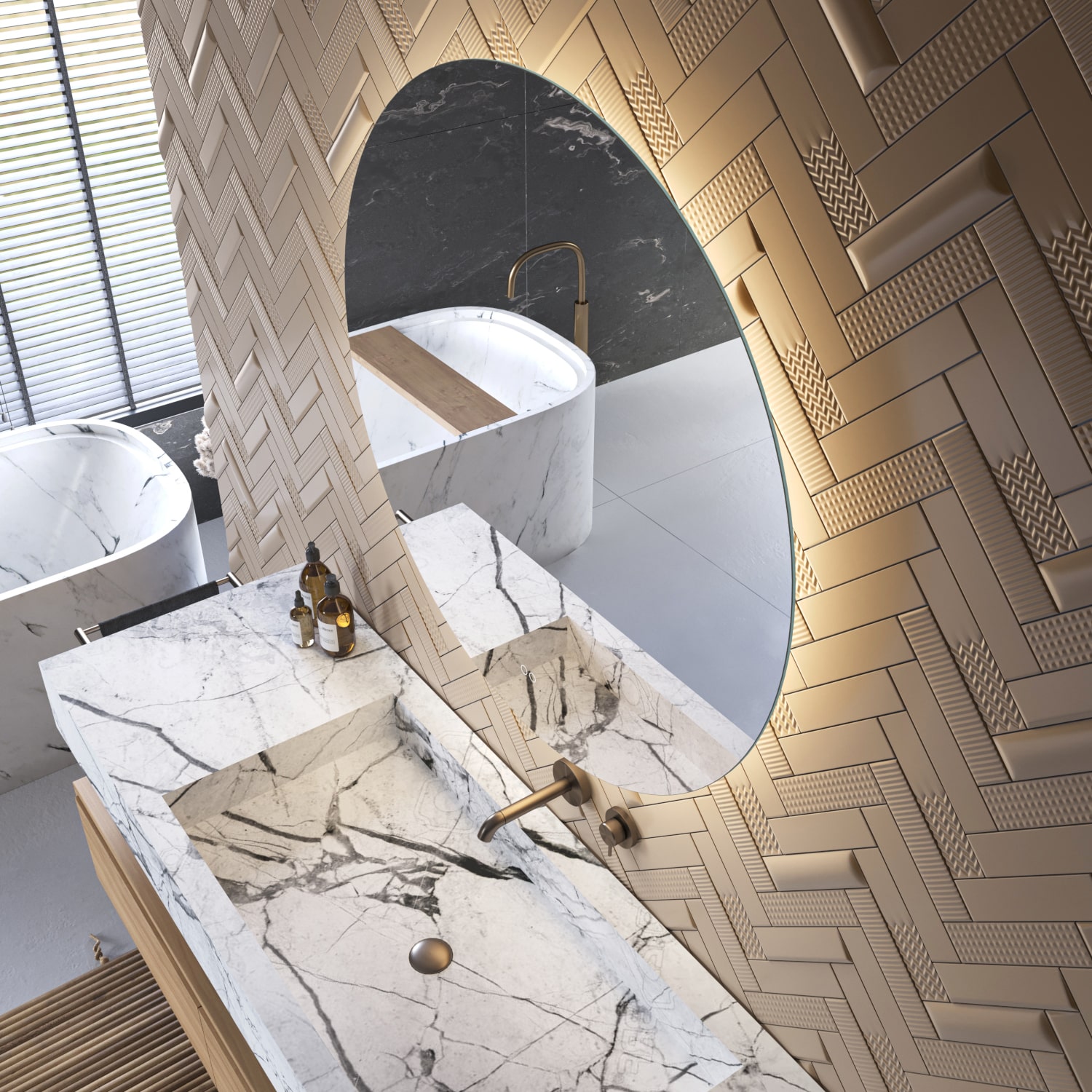 De ambient verlichting schijnt vanachter de spiegel fraai en sfeervol over de wand