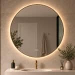 Miroir salle de bain élégant avec cadre en laiton, éclairage intégré et système antibuée