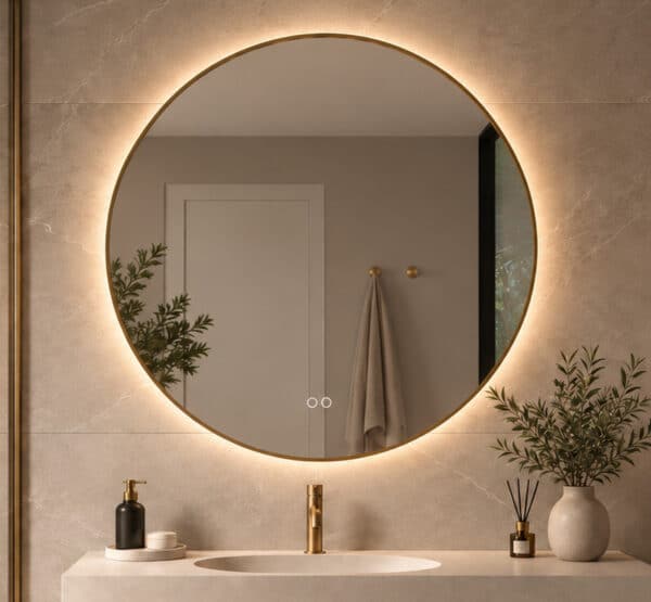 Miroir salle de bain élégant avec cadre en laiton, éclairage intégré et système antibuée