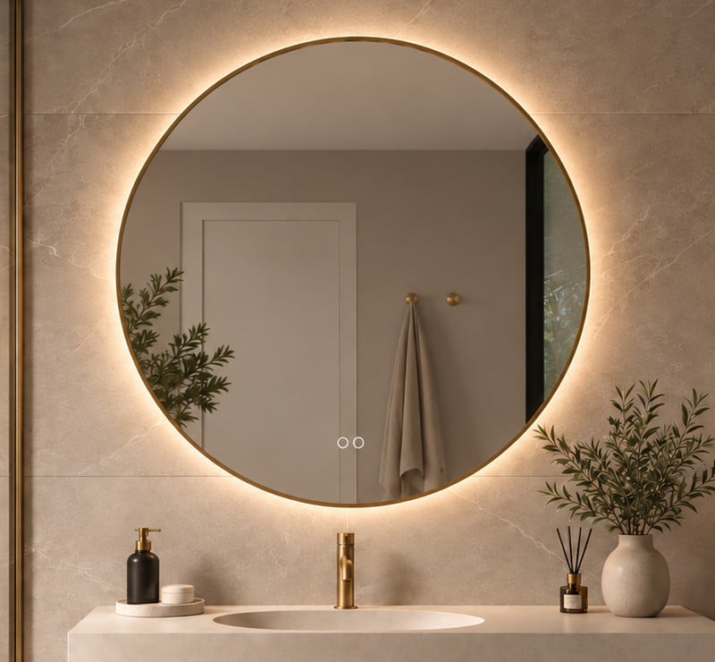 Miroir salle de bain élégant avec cadre en laiton, éclairage intégré et système antibuée